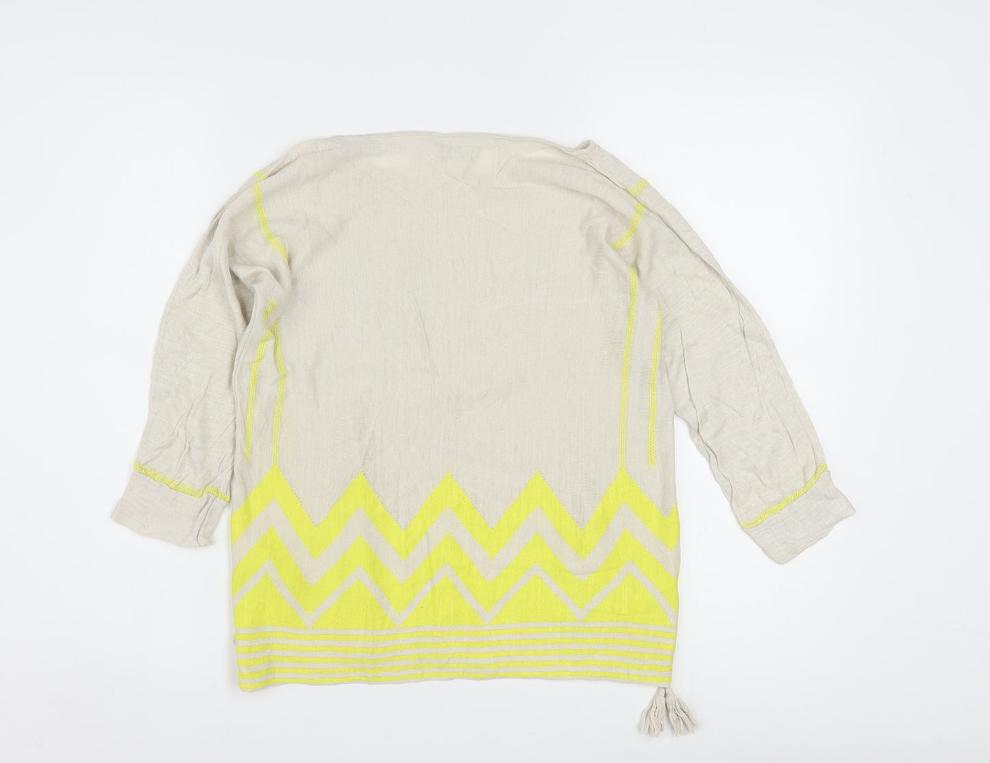 Monsoon Women Beige Yellow Tunic Top S Linen Cotton 3/4 Sleeve Boho Style