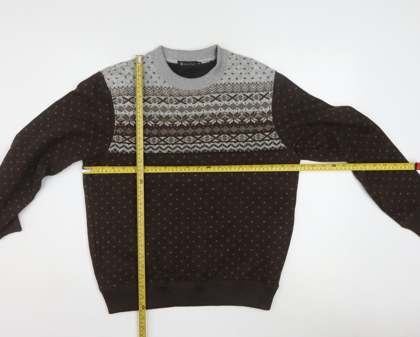 Graceful Days Men's Brown Fair Isle Knit Jumper M