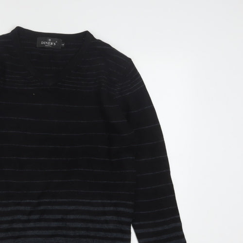 Diner's Men's Black Striped V-Neck Knit Jumper Size L