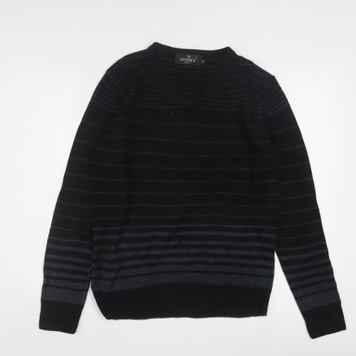 Diner's Men's Black Striped V-Neck Knit Jumper Size L
