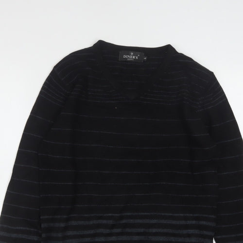 Diner's Men's Black Striped V-Neck Knit Jumper Size L