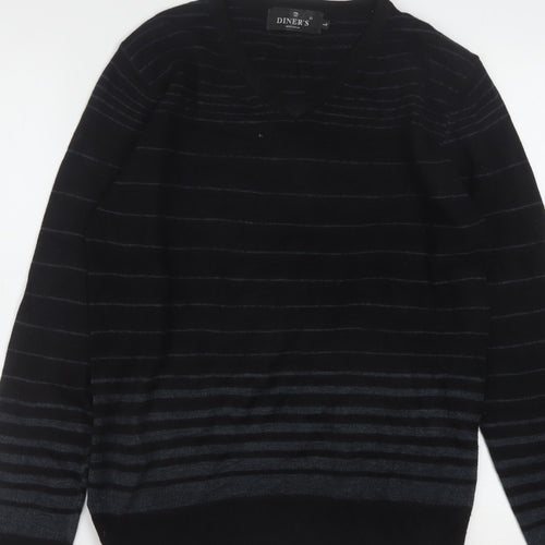 Diner's Men's Black Striped V-Neck Knit Jumper Size L