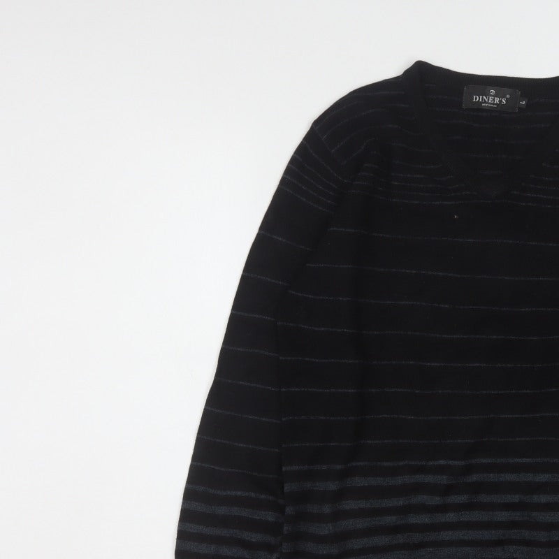 Diner's Men's Black Striped V-Neck Knit Jumper Size L