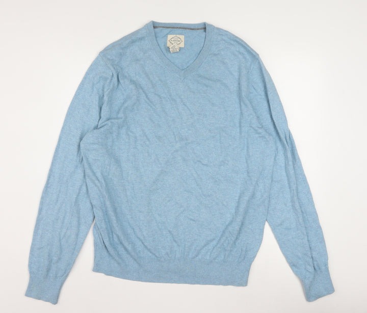 St John's Bay Men's Blue V-Neck Cotton Acrylic Jumper Size L