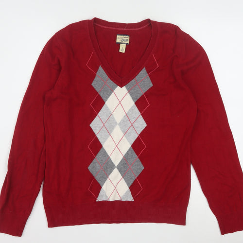 Bass Men's Red Argyle V-Neck Cotton Jumper Size M