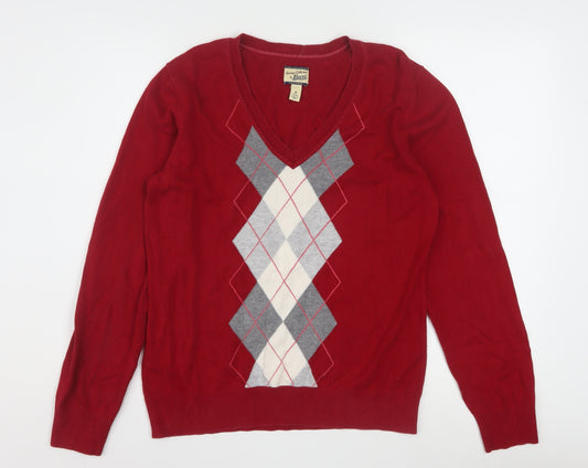 Bass Men's Red Argyle V-Neck Cotton Jumper Size M
