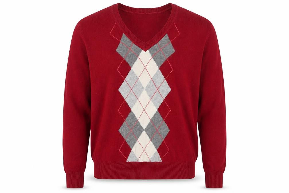 Front view of Bass Men's Red Argyle V-Neck Cotton Jumper, size M