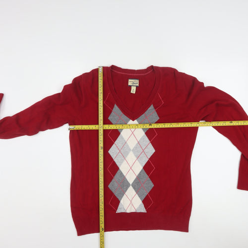 Bass Men's Red Argyle V-Neck Cotton Jumper Size M