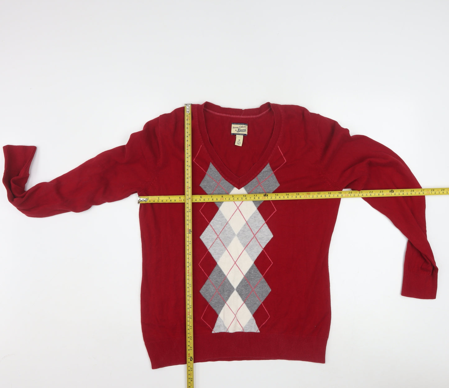 Bass Men's Red Argyle V-Neck Cotton Jumper Size M