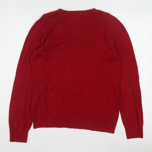 Bass Men's Red Argyle V-Neck Cotton Jumper Size M