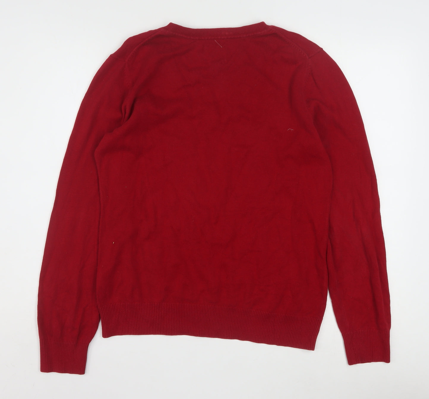 Bass Men's Red Argyle V-Neck Cotton Jumper Size M