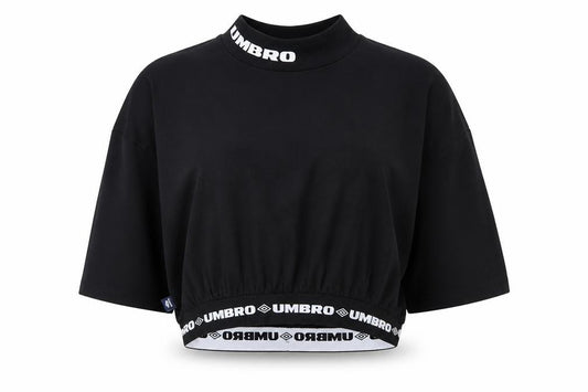 Front view of Umbro Women's Black Cropped Logo High Neck T-Shirt, size S