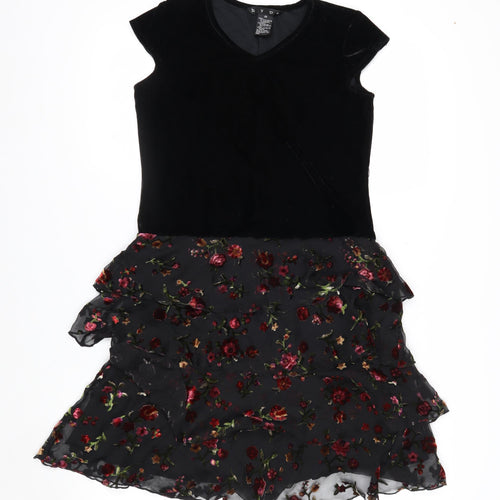 Hype Women's Black Floral Fit & Flare Dress Size 14 Velvet Chiffon Short Sleeve