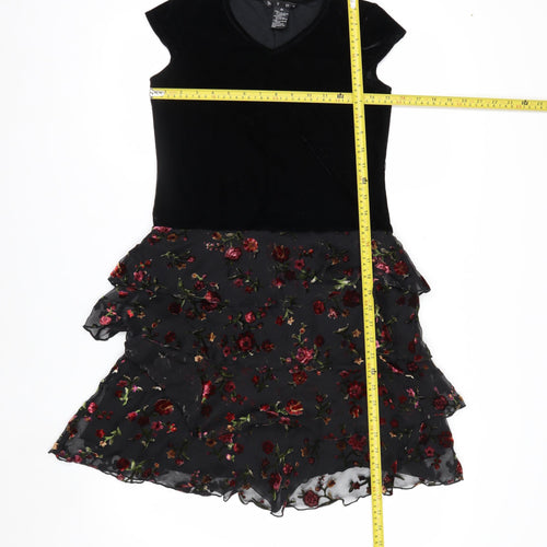 Hype Women's Black Floral Fit & Flare Dress Size 14 Velvet Chiffon Short Sleeve