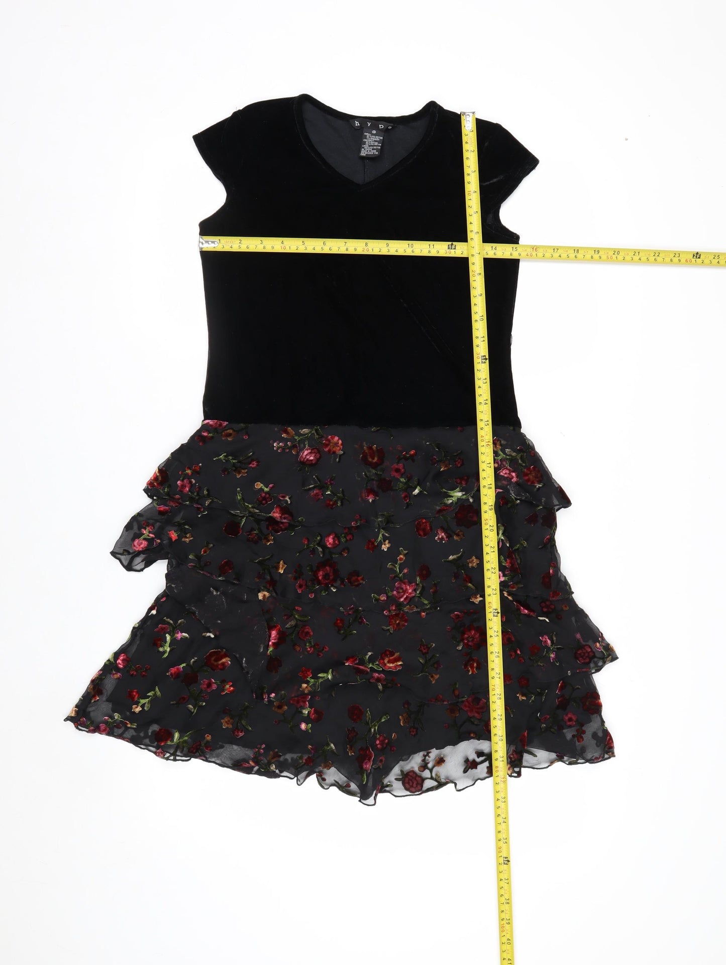 Hype Women's Black Floral Fit & Flare Dress Size 14 Velvet Chiffon Short Sleeve