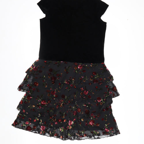 Hype Women's Black Floral Fit & Flare Dress Size 14 Velvet Chiffon Short Sleeve