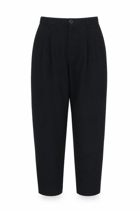 Front view of YL by Yair Women's Black High Rise Pleated Tapered Trousers, size 6