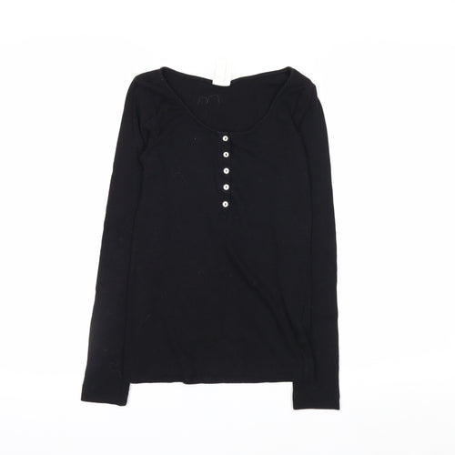 H&M Women Black Long Sleeve Henley T-Shirt Size S Cotton Blend