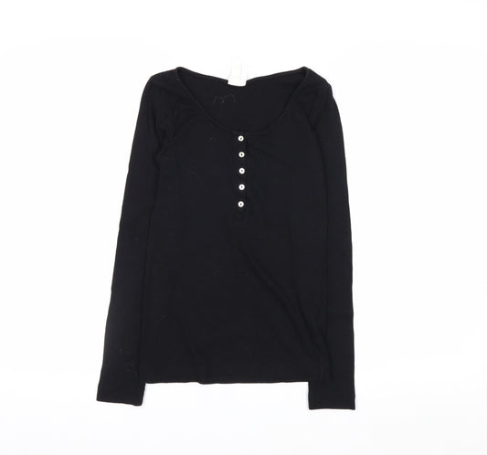 H&M Women Black Long Sleeve Henley T-Shirt Size S Cotton Blend