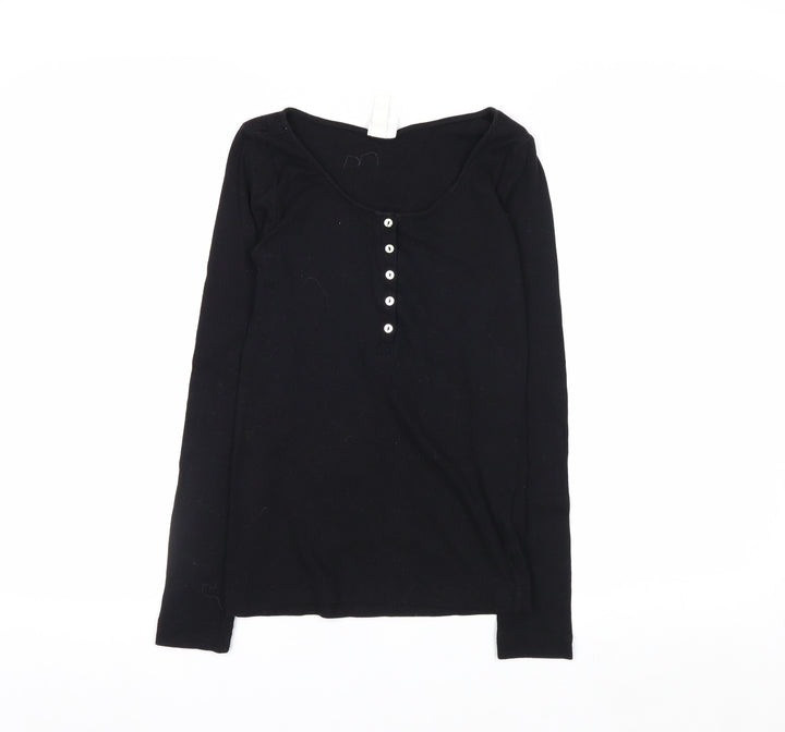 H&M Women Black Long Sleeve Henley T-Shirt Size S Cotton Blend