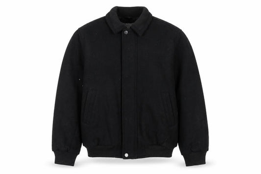Front view of London Fog Men's Black Wool Bomber Jacket, size L, Wool Blend