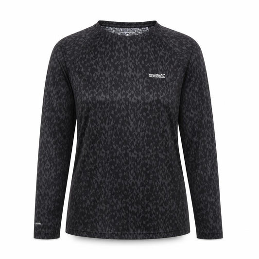 Front view of Regatta women’s black animal print long sleeve outdoor t-shirt, size UK 14