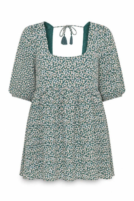 Front view of American Eagle Women’s Green Floral Puff Sleeve Tunic Blouse L