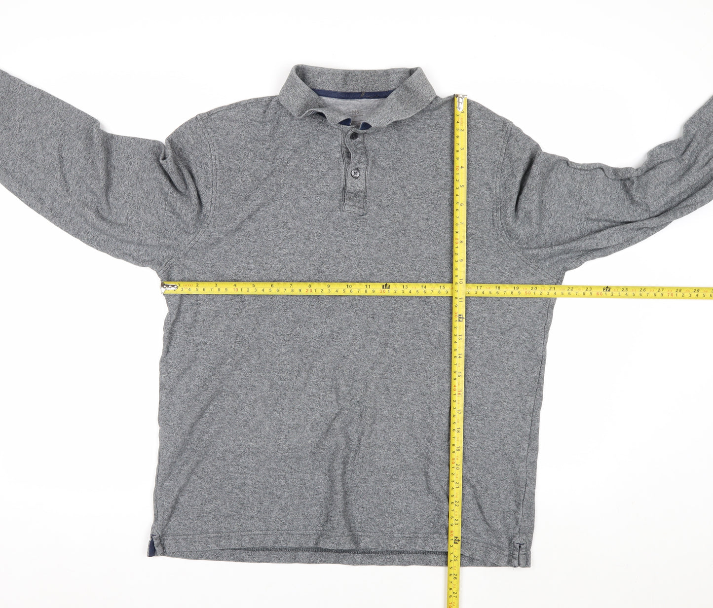 Marks and Spencer Men's Grey Long Sleeve Regular Fit Polo Shirt L