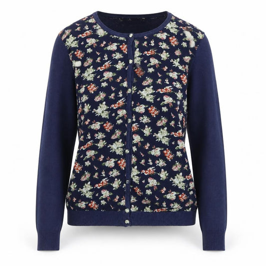 Front view of Urban Rose Women's Navy Floral Cardigan Medium Cotton Blend