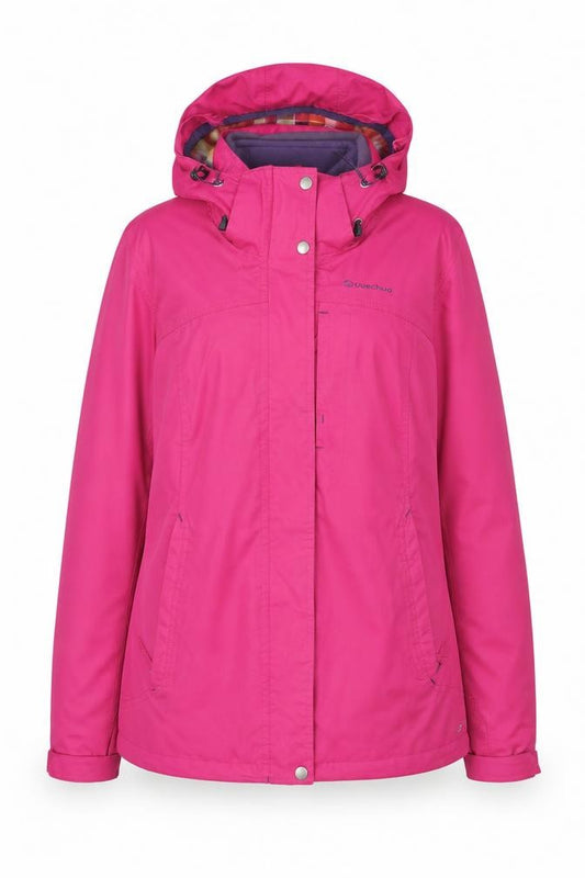 Front view of Quechua women’s pink hooded parka jacket, size UK 12, waterproof lined