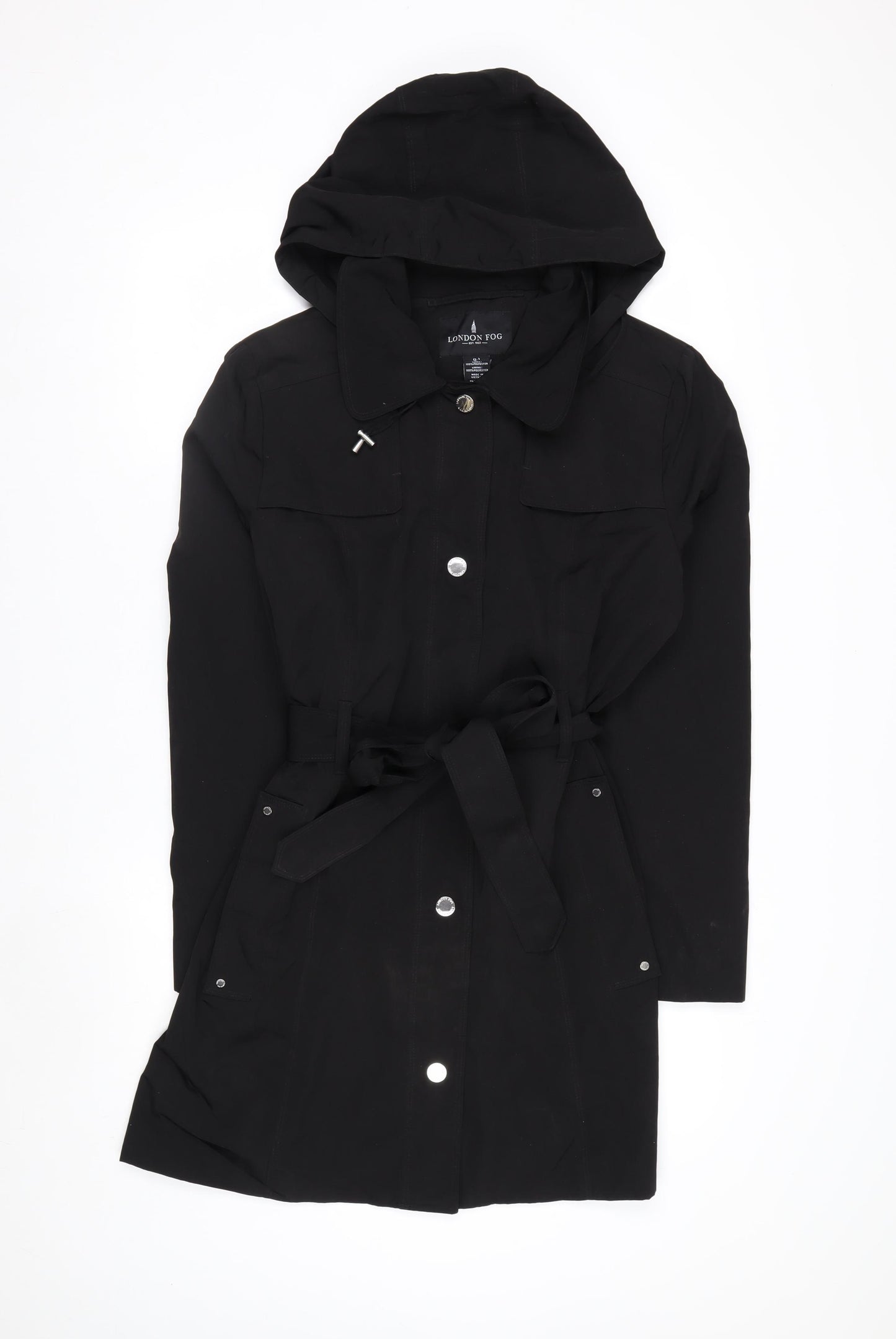 London Fog Women's Black L Hooded Belted Rain Coat