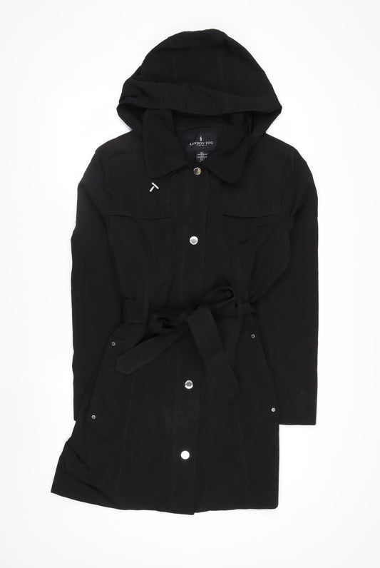 London Fog Women's Black L Hooded Belted Rain Coat