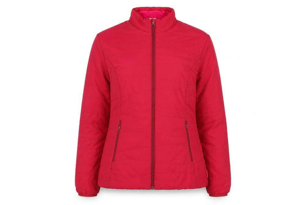 Front view of Decathlon Women Red Polyester Puffer Jacket, size 14, Lightweight