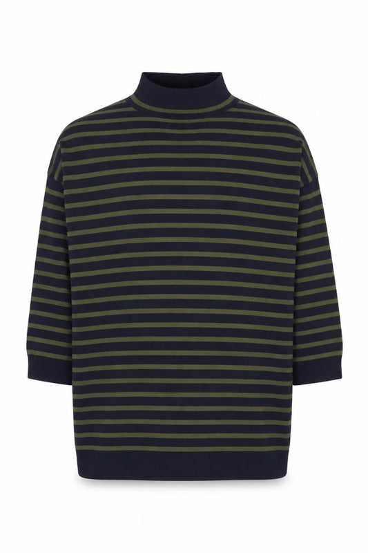Front view of Whistles Men Green Navy Striped High Neck jumper, size L