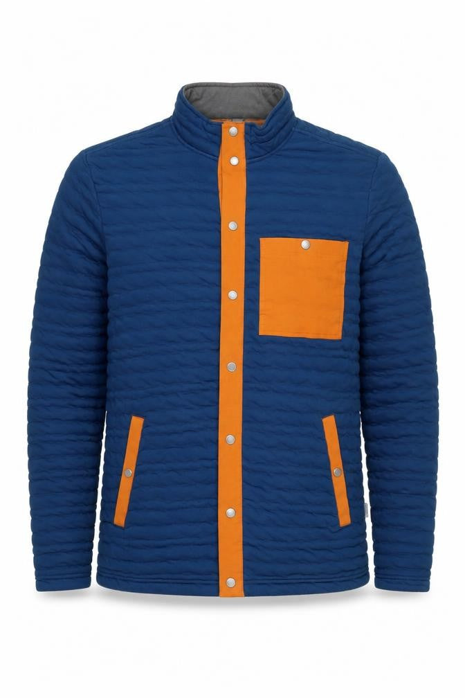 Front view of Duluth Trading Co. Men Blue Quilted Work Jacket, size L, Cotton Blend