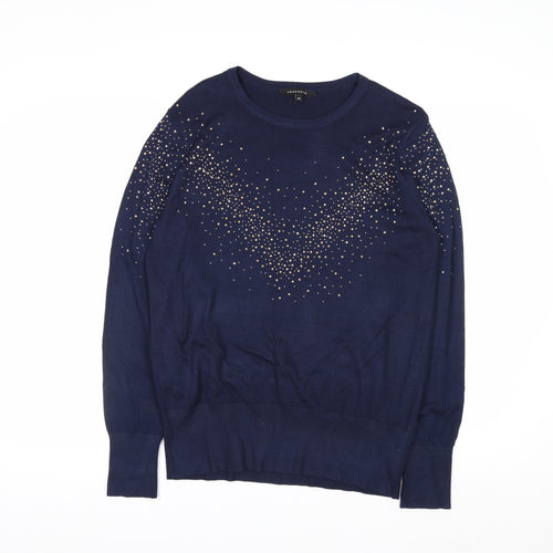Peacocks Women Blue Beaded Crew Neck Long Sleeve Jumper Size 14