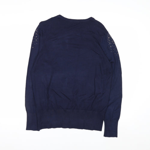 Peacocks Women Blue Beaded Crew Neck Long Sleeve Jumper Size 14