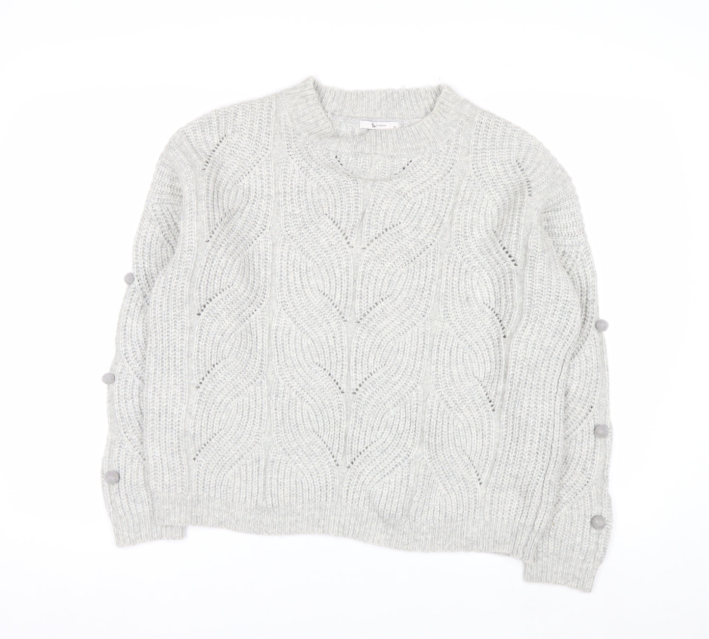 Tu Women Grey Cable-Knit Jumper Size 14 Wool Blend Button Detail