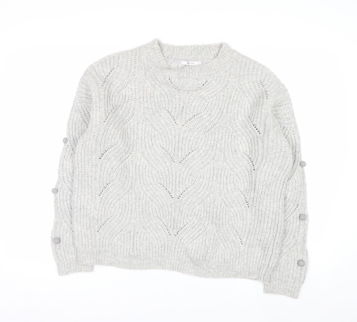 Tu Women Grey Cable-Knit Jumper Size 14 Wool Blend Button Detail