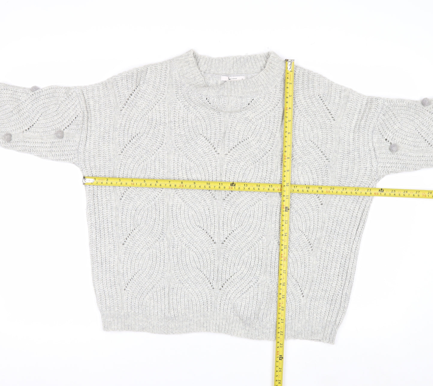 Tu Women Grey Cable-Knit Jumper Size 14 Wool Blend Button Detail