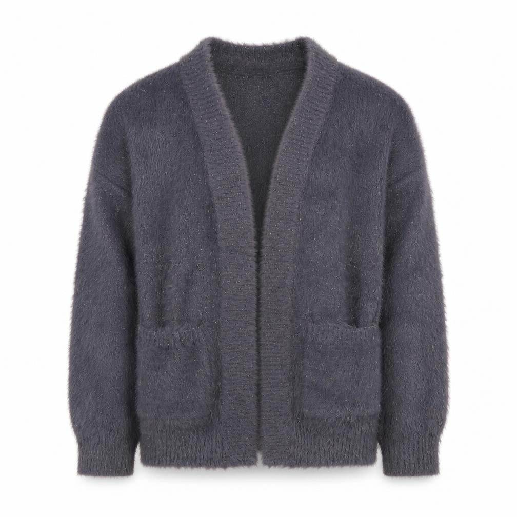 Front view of Next girls’ grey fluffy cardigan 8 years nylon polyester blend stylish soft knit