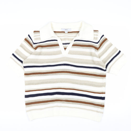 Next Men Beige Striped Collared Short Sleeve Pullover Jumper M