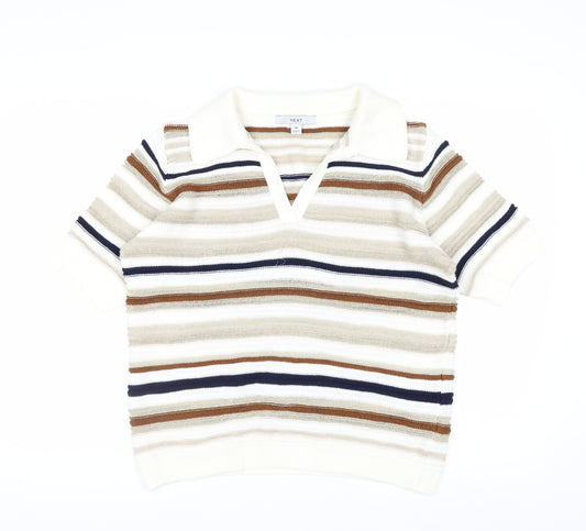 Next Men Beige Striped Collared Short Sleeve Pullover Jumper M