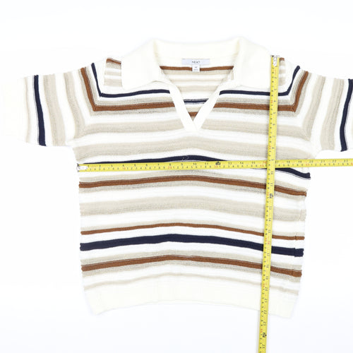 Next Men Beige Striped Collared Short Sleeve Pullover Jumper M