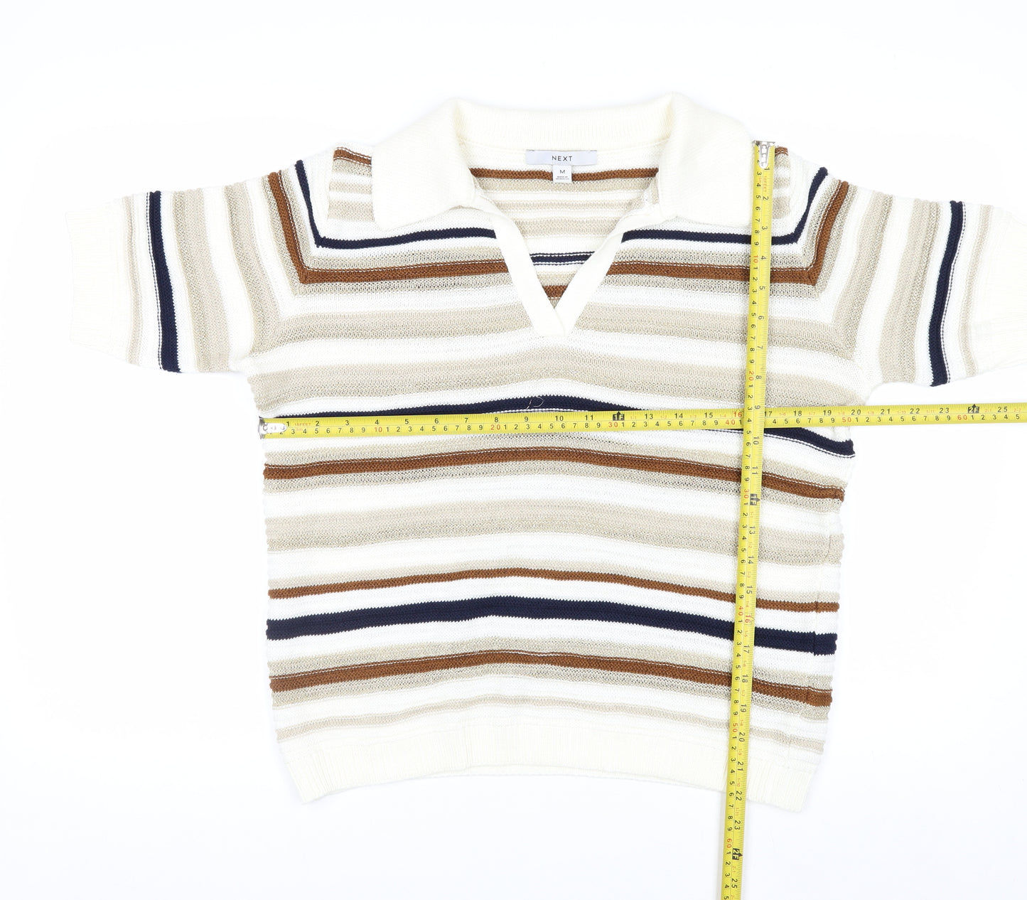 Next Men Beige Striped Collared Short Sleeve Pullover Jumper M