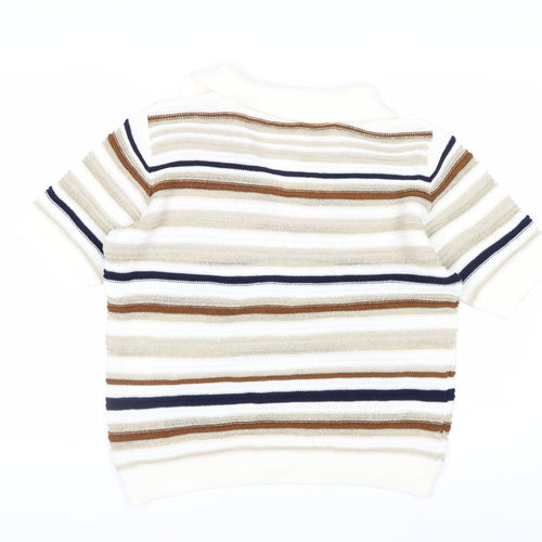 Next Men Beige Striped Collared Short Sleeve Pullover Jumper M