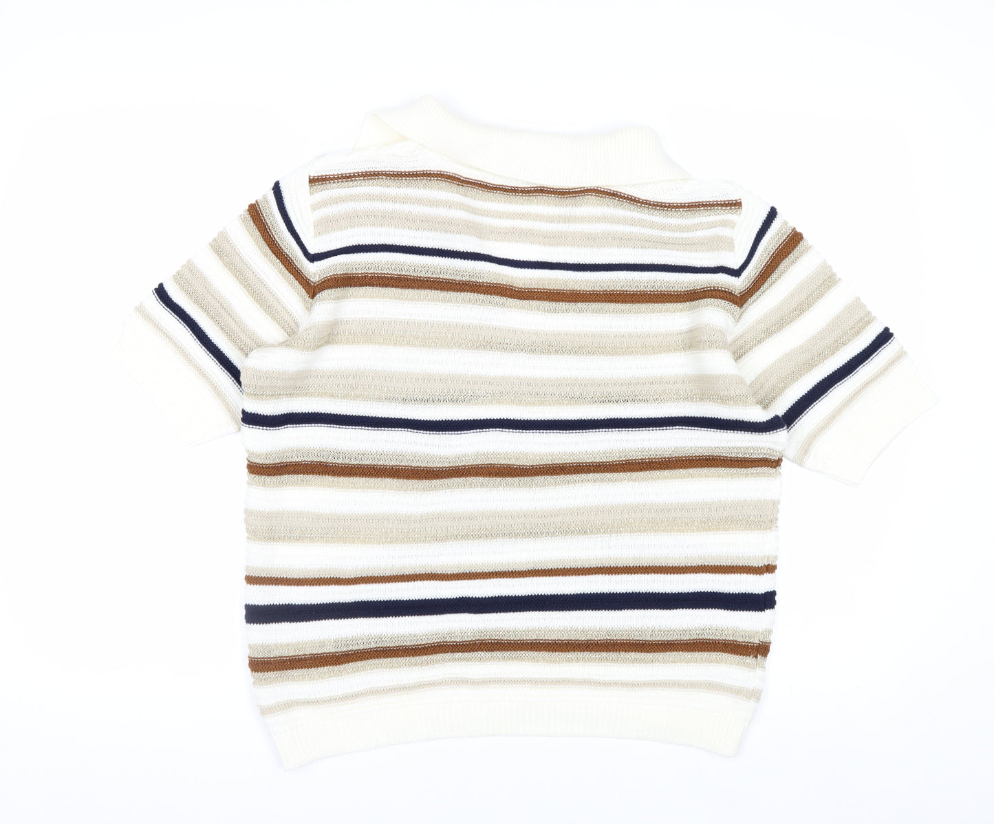 Next Men Beige Striped Collared Short Sleeve Pullover Jumper M