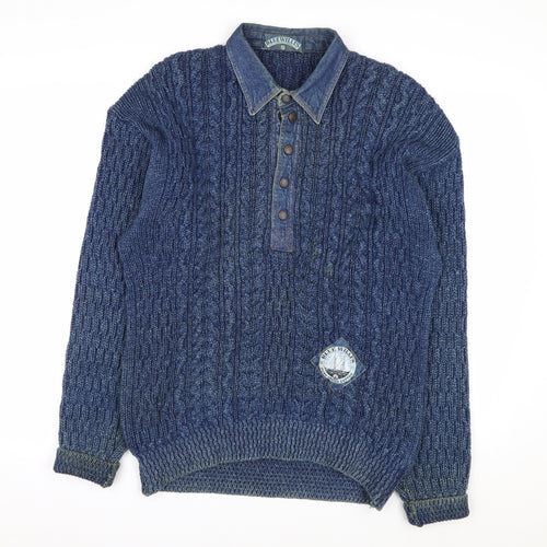 Blue Willi’s Men’s Blue Cable-Knit Henley Cotton Jumper S