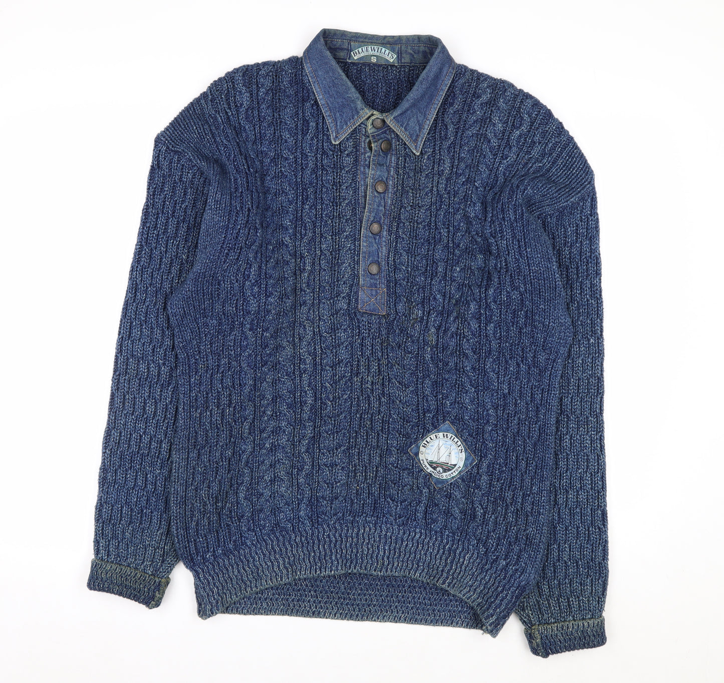 Blue Willi’s Men’s Blue Cable-Knit Henley Cotton Jumper S