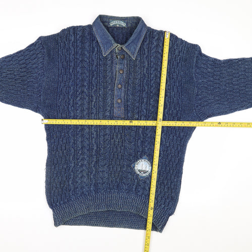 Blue Willi’s Men’s Blue Cable-Knit Henley Cotton Jumper S